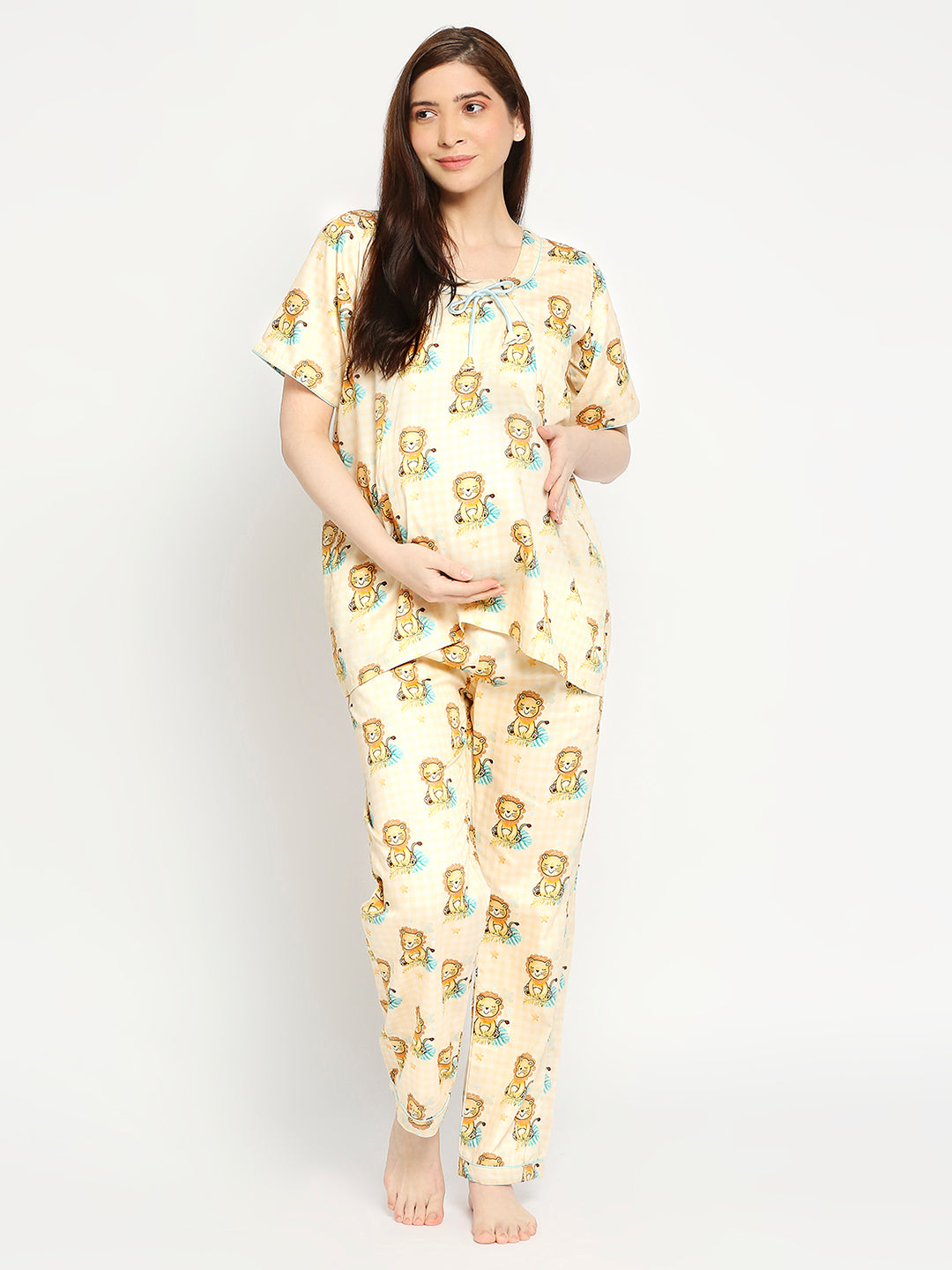 Little Lion Maternity Pj Set - Pure Cotton Pj Set in Round Neck with 2 Invisible Zips for Feeding