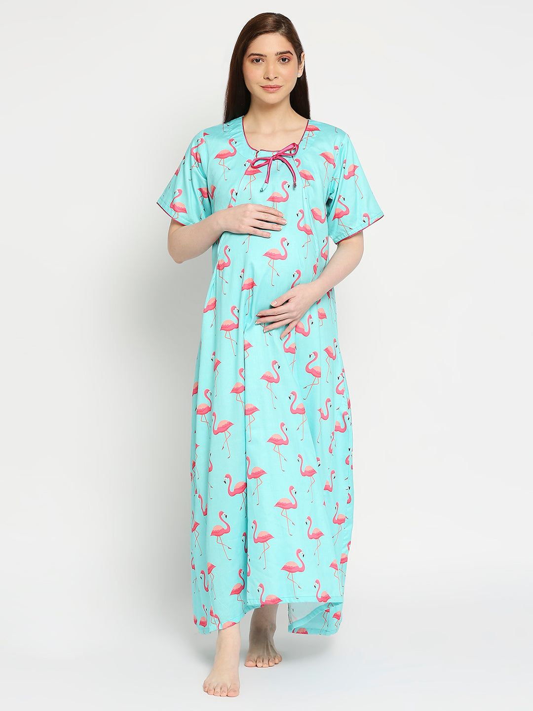 Pink Flamingo Maternity Gown - Pure Cotton Round Neck Gown with 2 Invisible Zips for Feeding