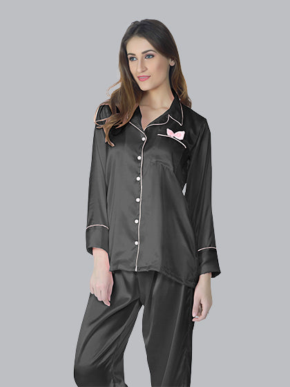 Solid Color Satin Pj Set - Classic Satin Pj Set in Button Down Style