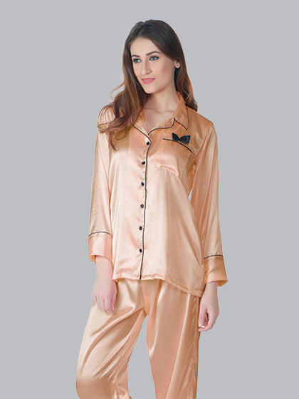 Solid Color Satin Pj Set - Classic Satin Pj Set in Button Down Style