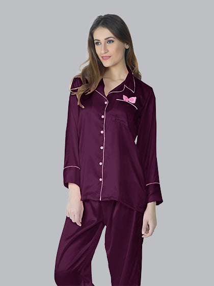 Solid Color Satin Pj Set - Classic Satin Pj Set in Button Down Style