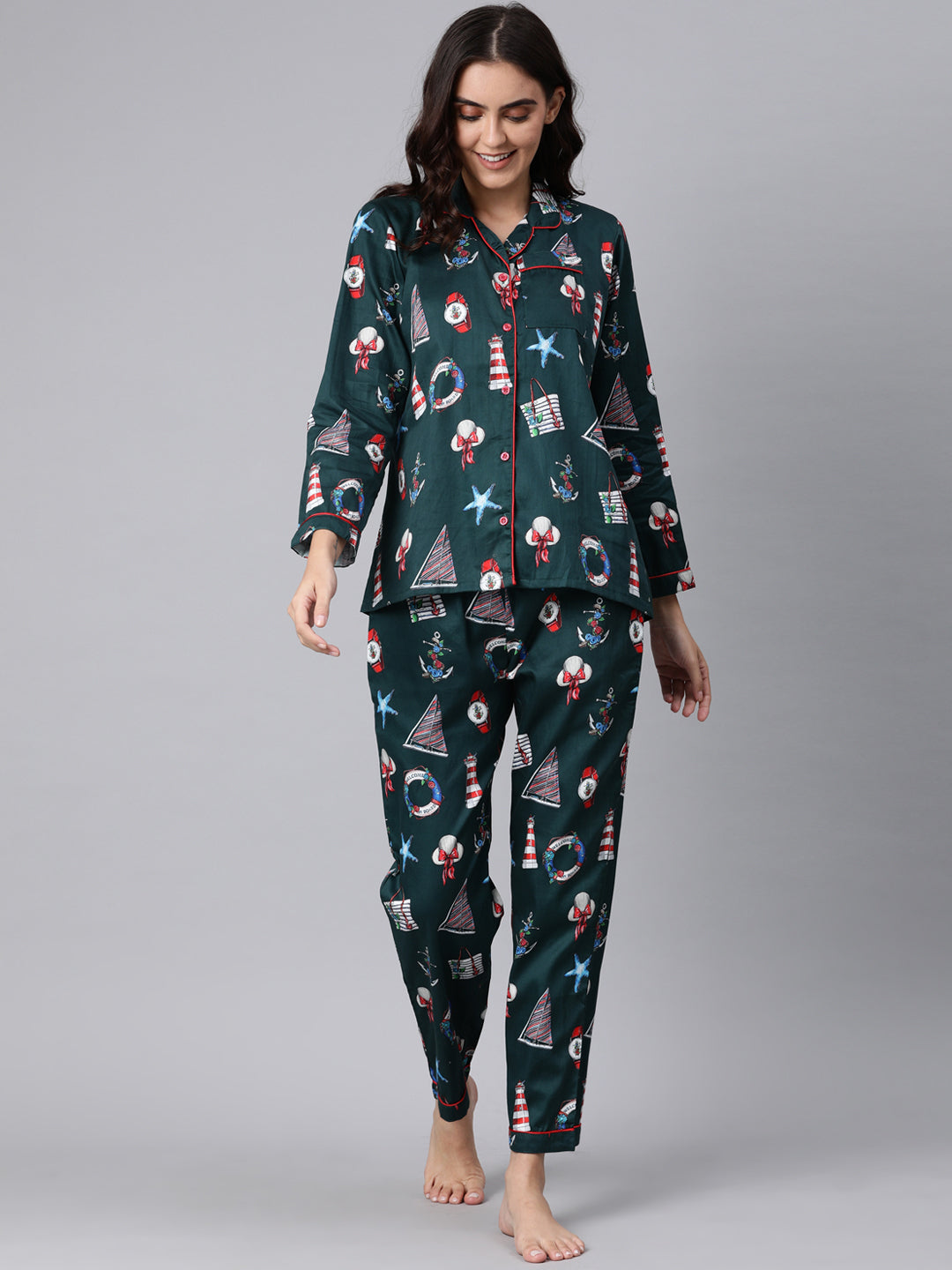Nautical Button Down Pj Set - Pure Cotton Pj Set with Notched Collar