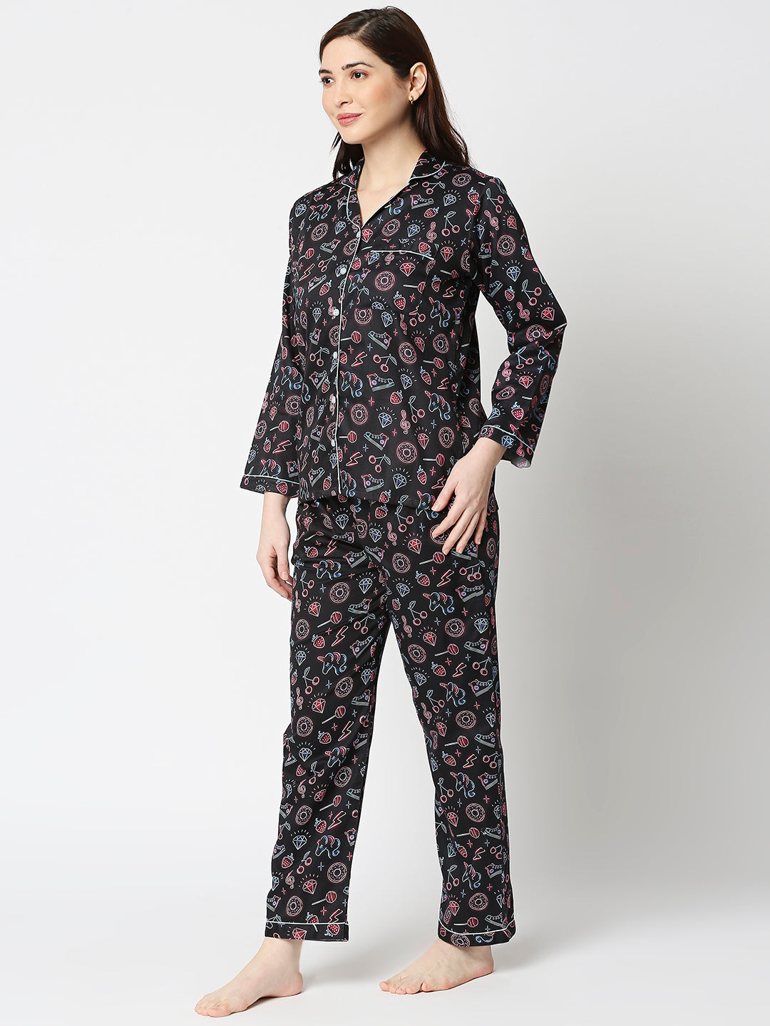 Neon Party Button Down Pj Set - Pure Cotton Pj Set with Notched Collar