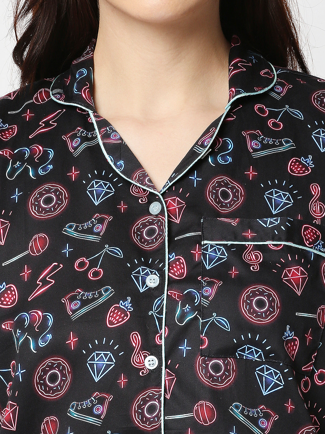 Neon Party Button Down Pj Set - Pure Cotton Pj Set with Notched Collar