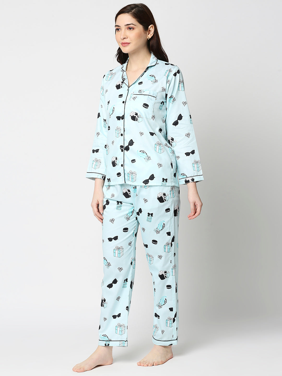 Breakfast at Tiffanys Button Down Pj Set - Pure Cotton Pj Set with Notched Collar