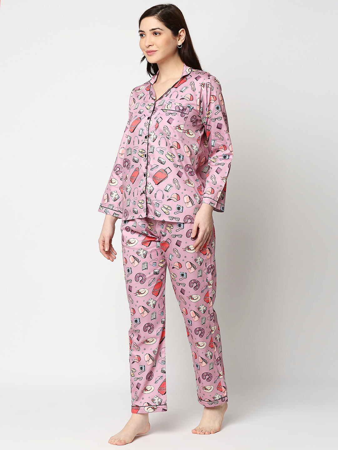 Travel Addict Button Down Pj Set - Pure Cotton Pj Set with Notched Collar