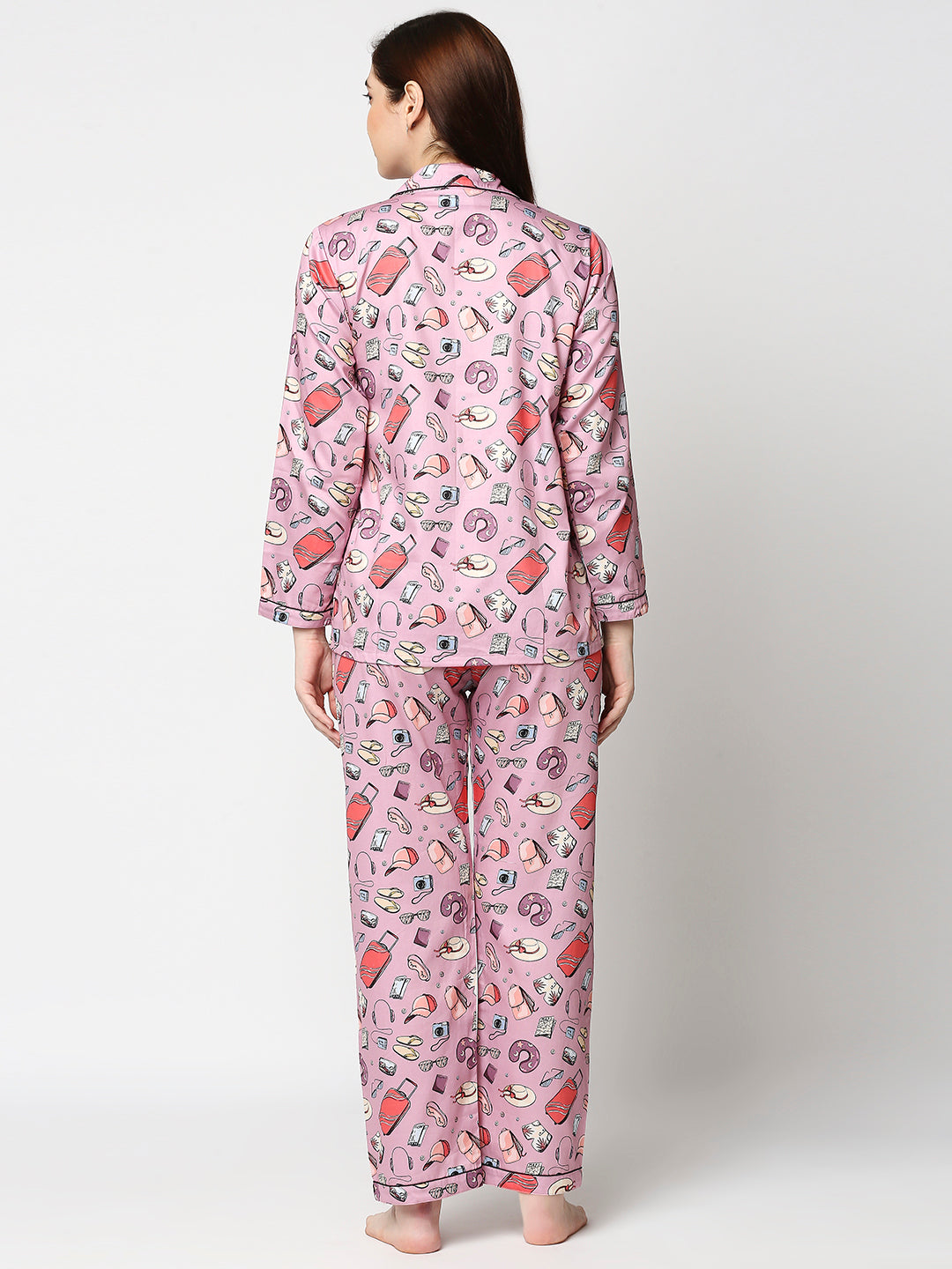 Travel Addict Button Down Pj Set - Pure Cotton Pj Set with Notched Collar