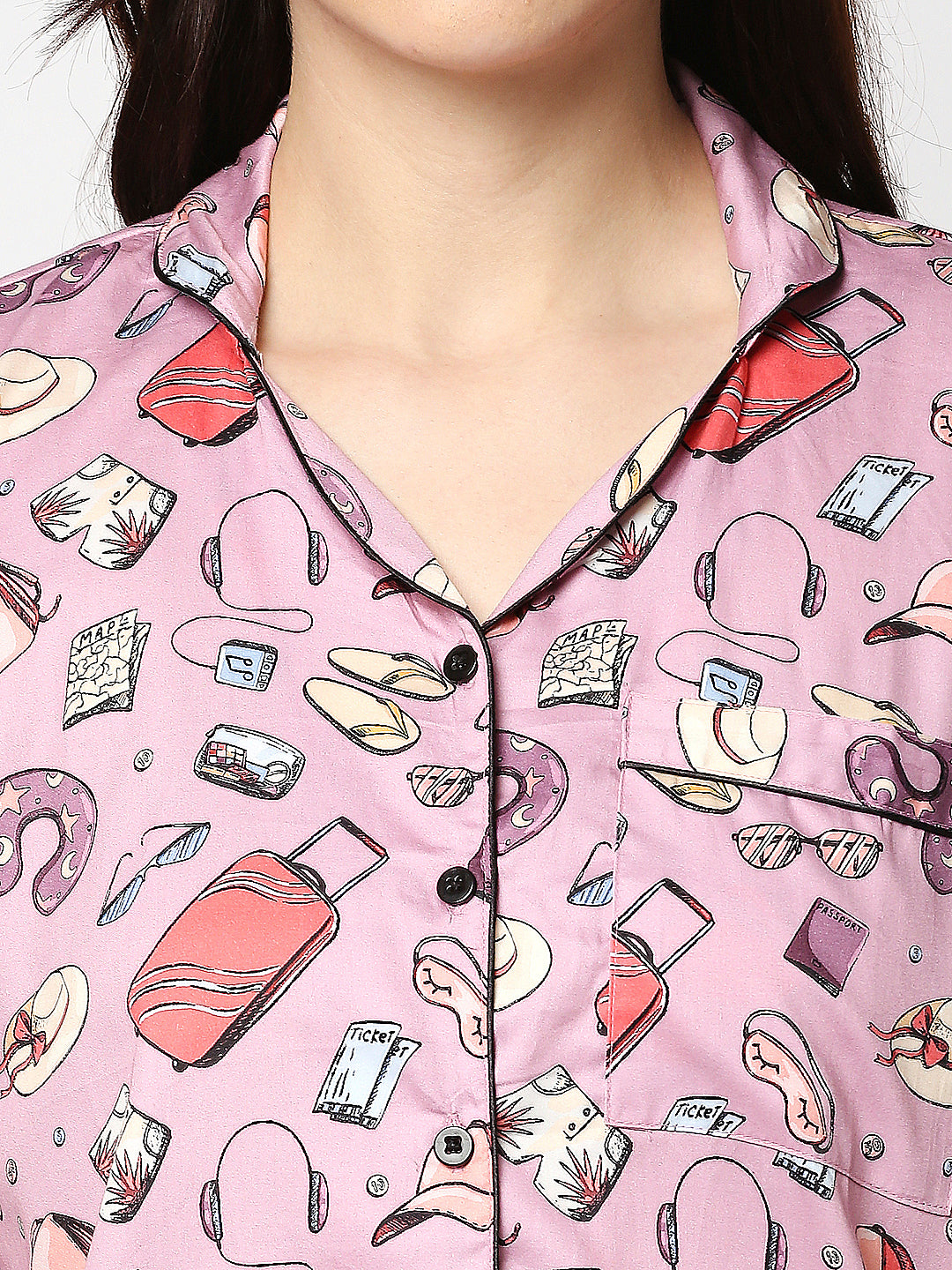 Travel Addict Button Down Pj Set - Pure Cotton Pj Set with Notched Collar