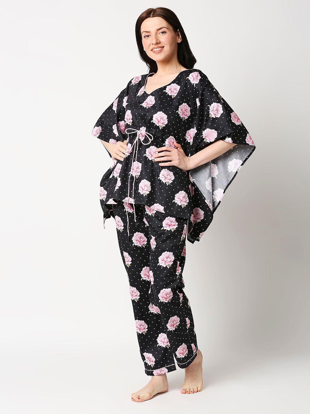 Black Blossom Kaftan Pj Set - Pure Cotton Pj Set in Kaftan Style