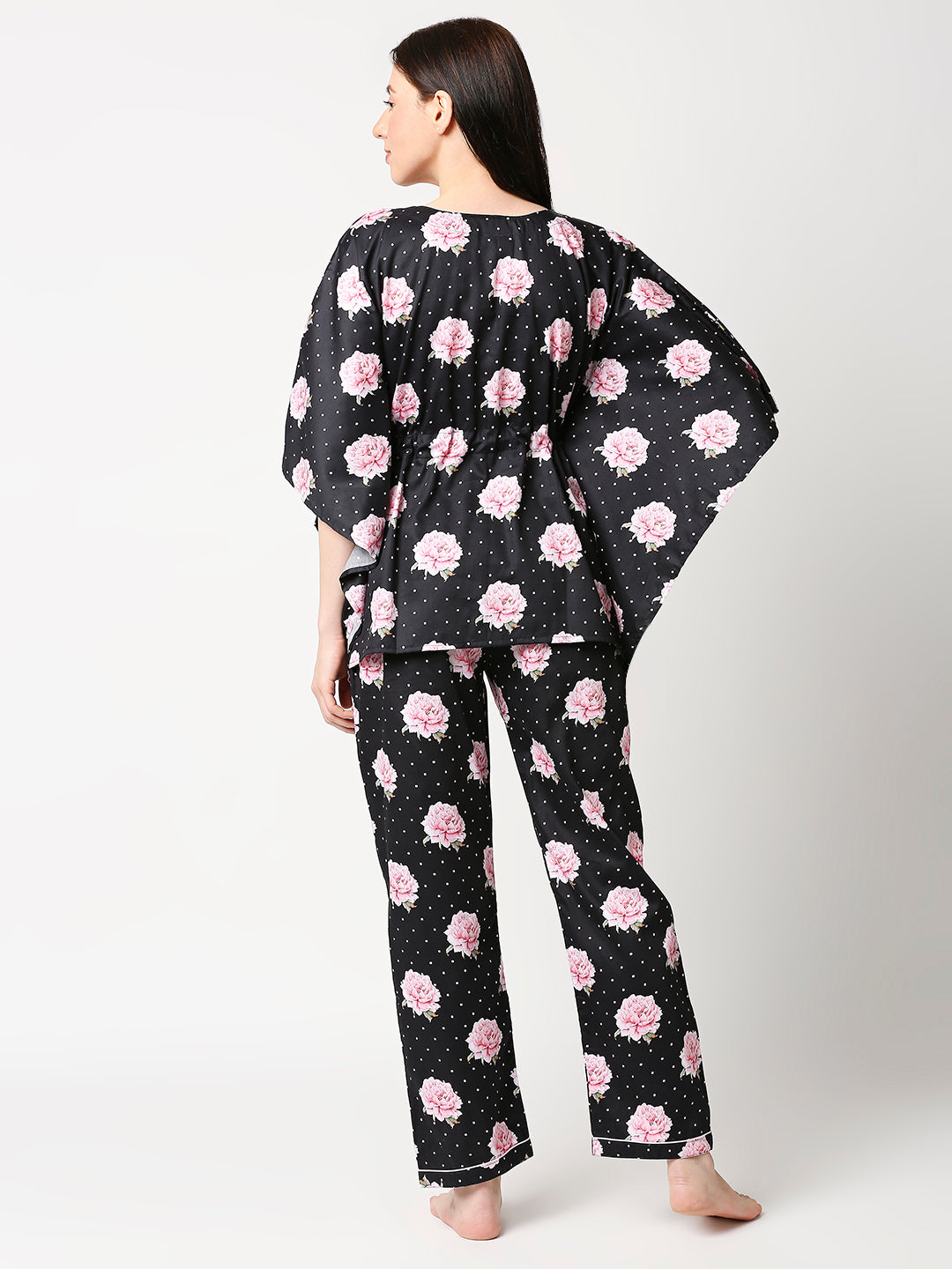Black Blossom Kaftan Pj Set - Pure Cotton Pj Set in Kaftan Style