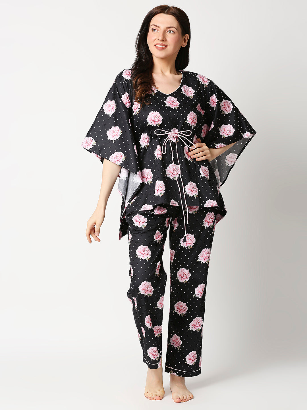 Black Blossom Kaftan Pj Set - Pure Cotton Pj Set in Kaftan Style
