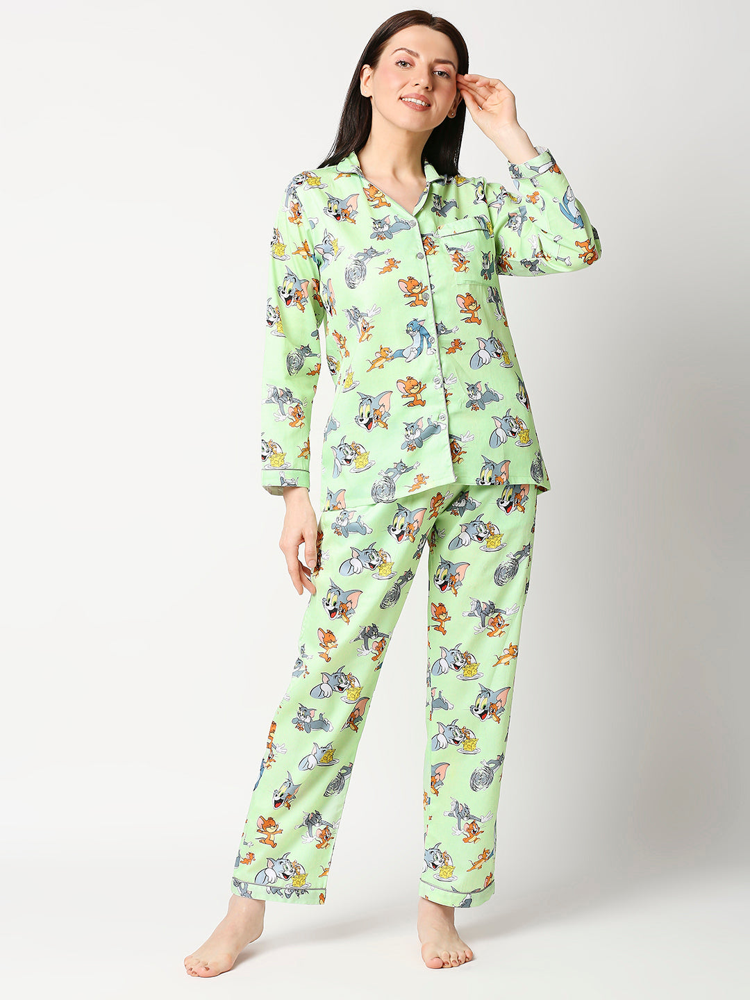 Tom Jerry Button Down Pj Set Pure Cotton Pj Set with Notched