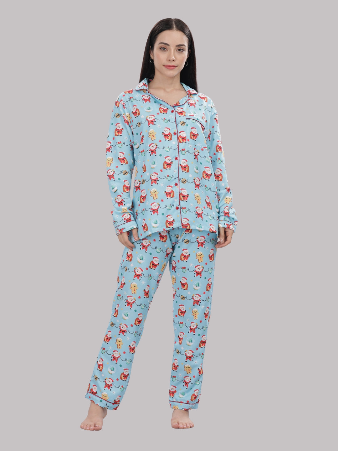 Secret Santa Button Down Pj Set - Cotton Rayon Pj Set with Notched Collar