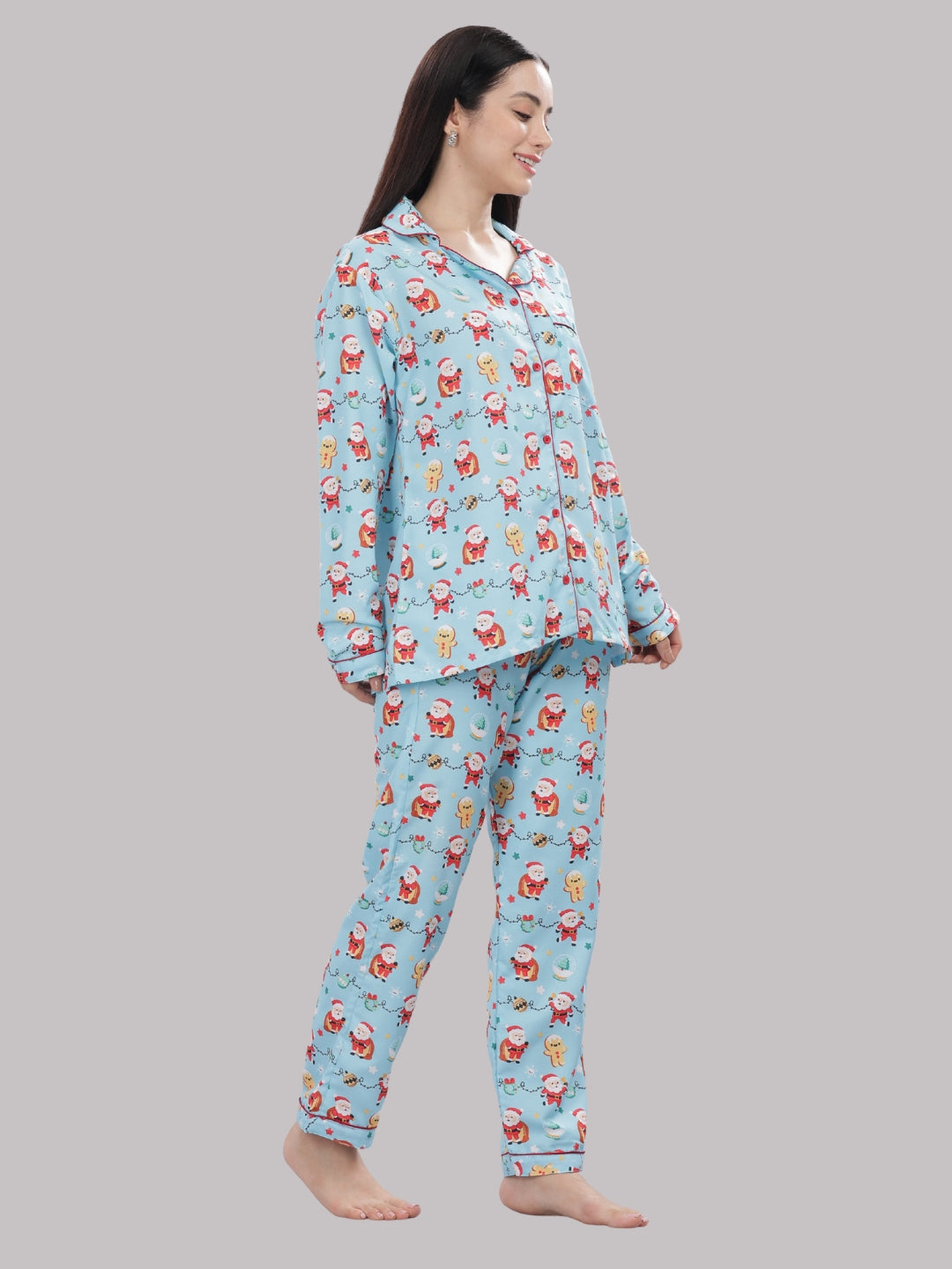 Secret Santa Button Down Pj Set - Cotton Rayon Pj Set with Notched Collar