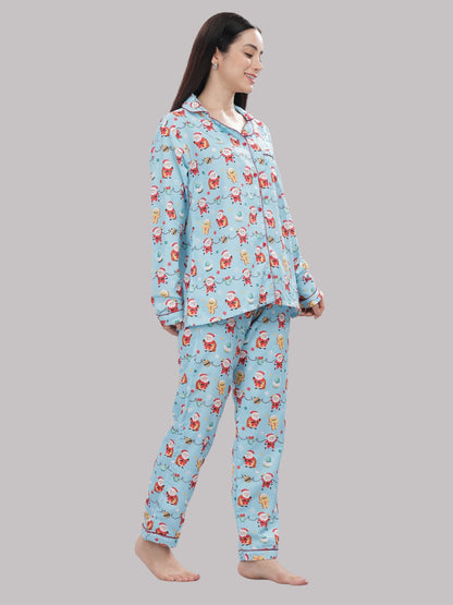 Secret Santa Button Down Pj Set - Cotton Rayon Pj Set with Notched Collar