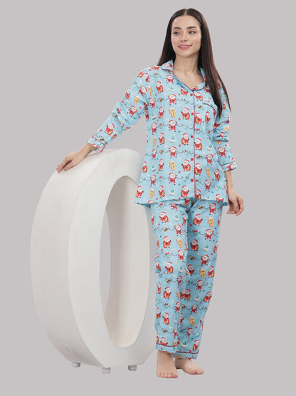 Secret Santa Button Down Pj Set - Cotton Rayon Pj Set with Notched Collar