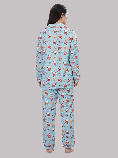 Secret Santa Button Down Pj Set - Cotton Rayon Pj Set with Notched Collar