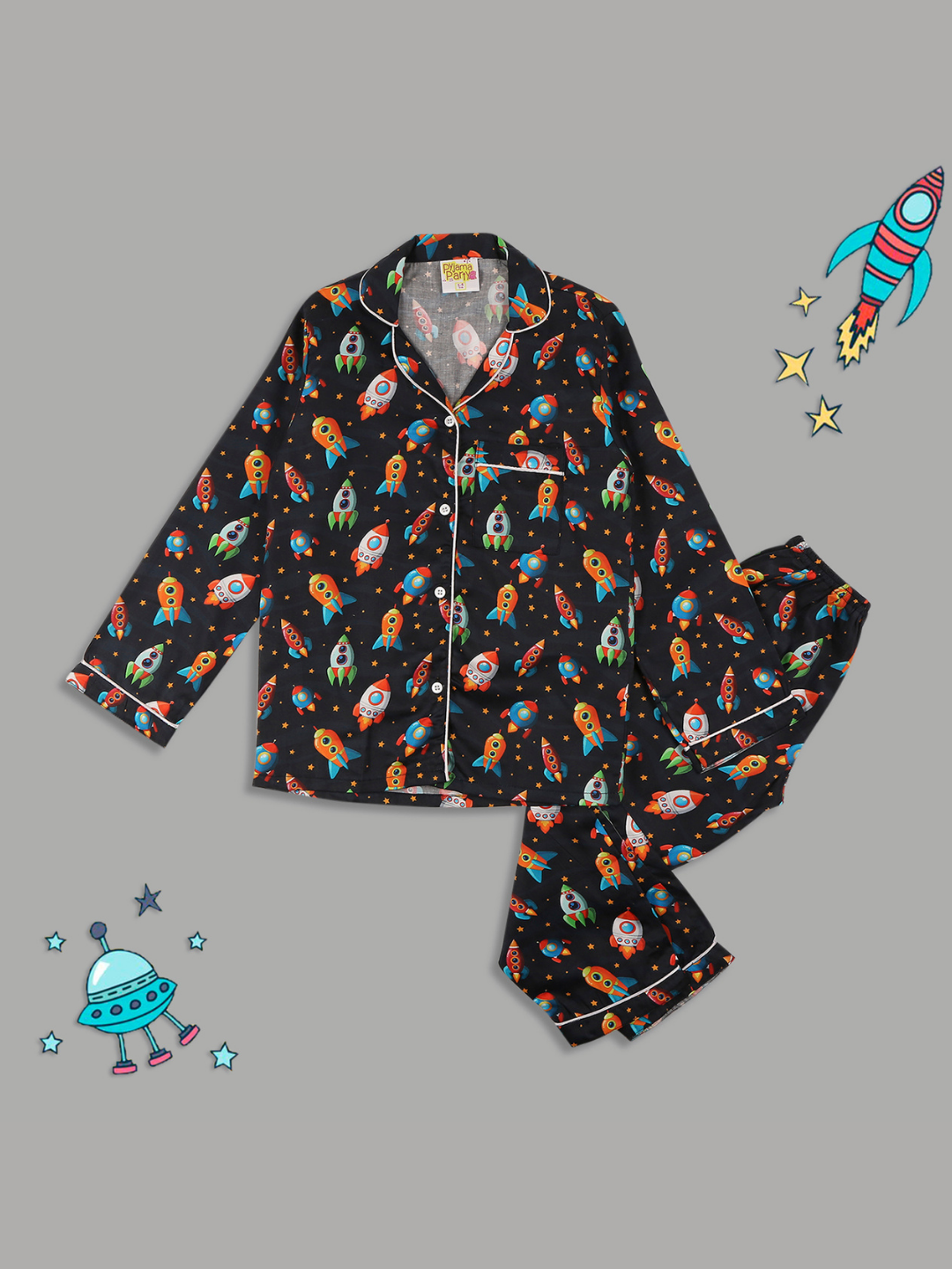 Space Kids Button Down Pj Set - Pure Cotton Pj Set with Notched Collar