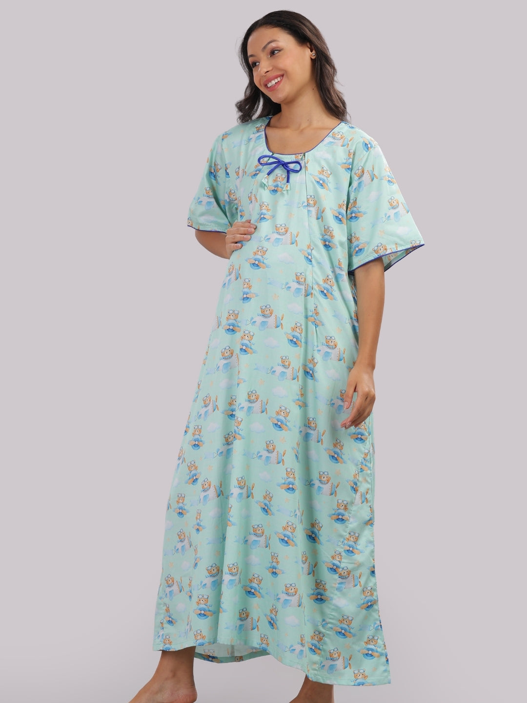 Fly High Maternity Gown - Pure Cotton Round Neck Gown with 2 Invisible Zips for Feeding