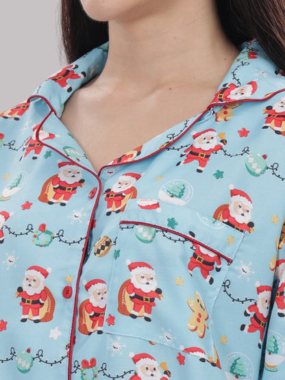 Secret Santa Button Down Pj Set - Cotton Rayon Pj Set with Notched Collar
