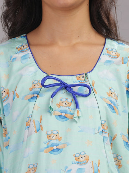 Fly High Maternity Gown - Pure Cotton Round Neck Gown with 2 Invisible Zips for Feeding