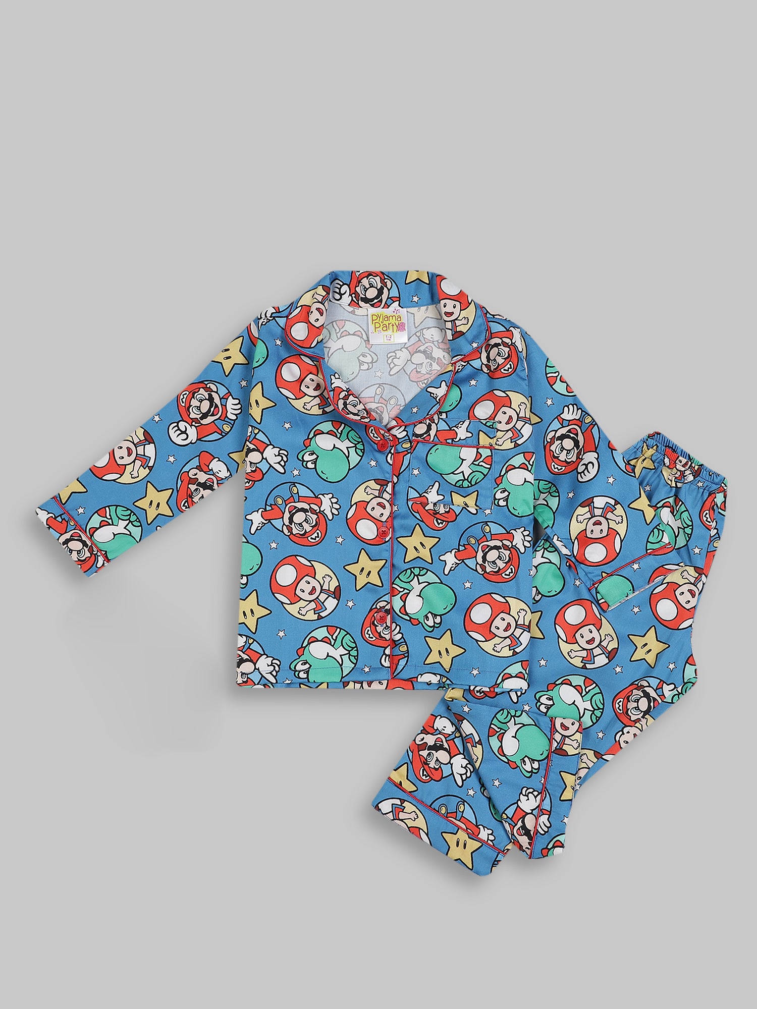 Super Mario Kids Button Down Pj Set - Pure Cotton Pj Set with Notched Collar