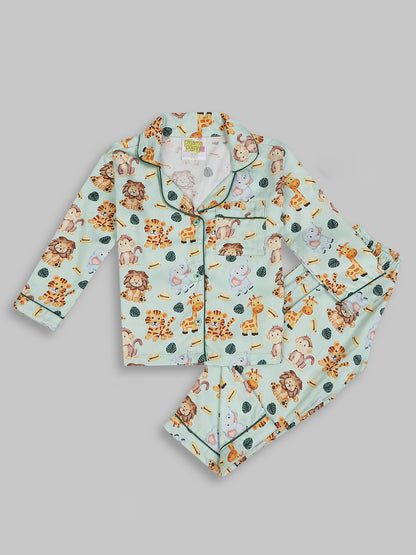 Into the Jungle Kids Button Down Pj Set - Pure Cotton Pj Set with Notched Collar
