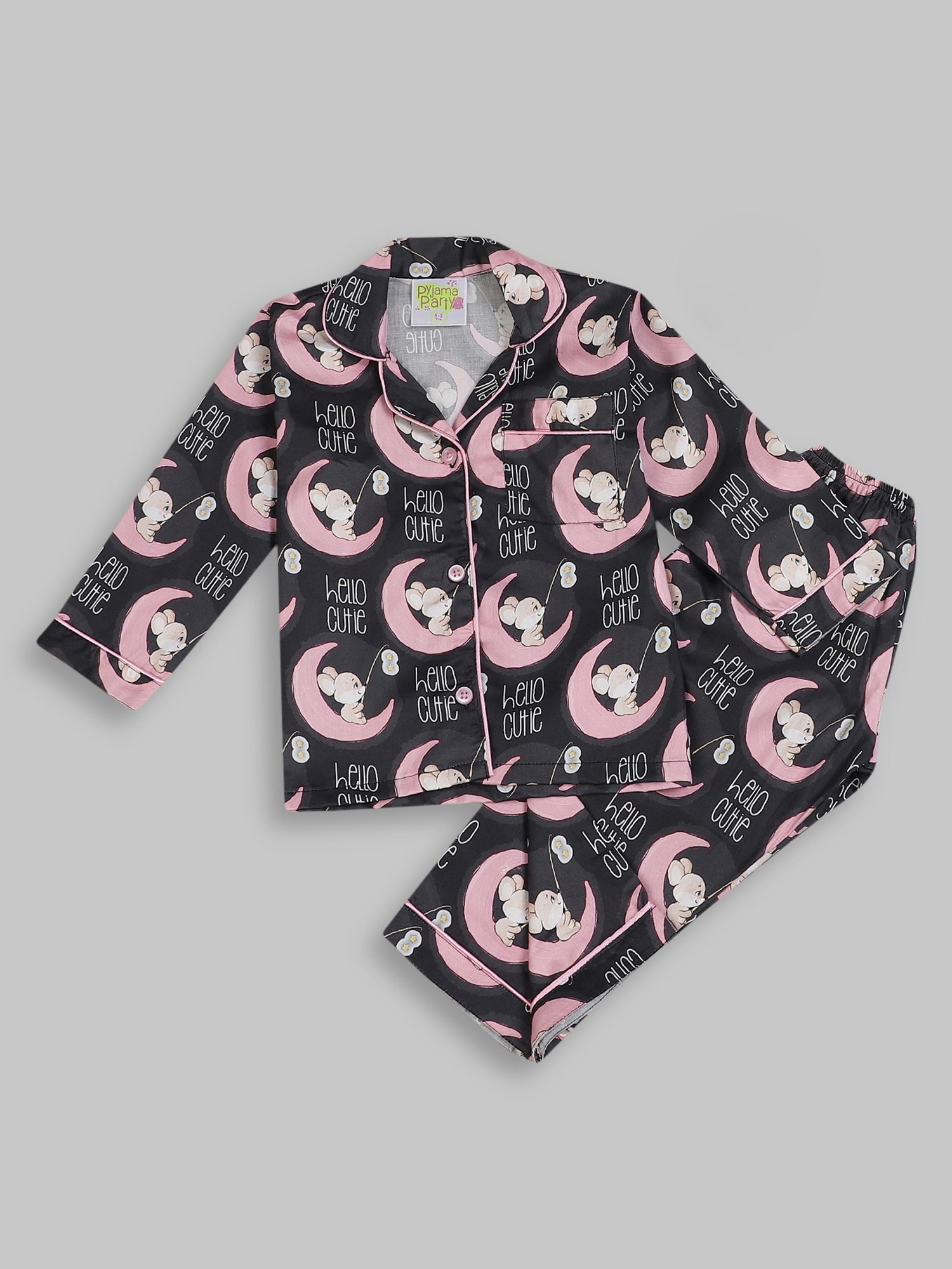 Hello Cutie kids Button Down Pj Set - Pure Cotton Pj Set with Notched Collar
