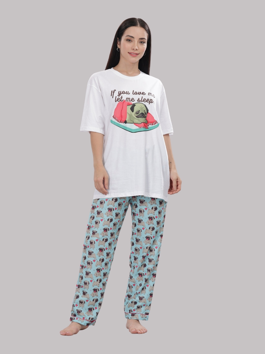 Snuggle Pug T-shirt Pj Set - Oversized Tshirt with Pj Combo