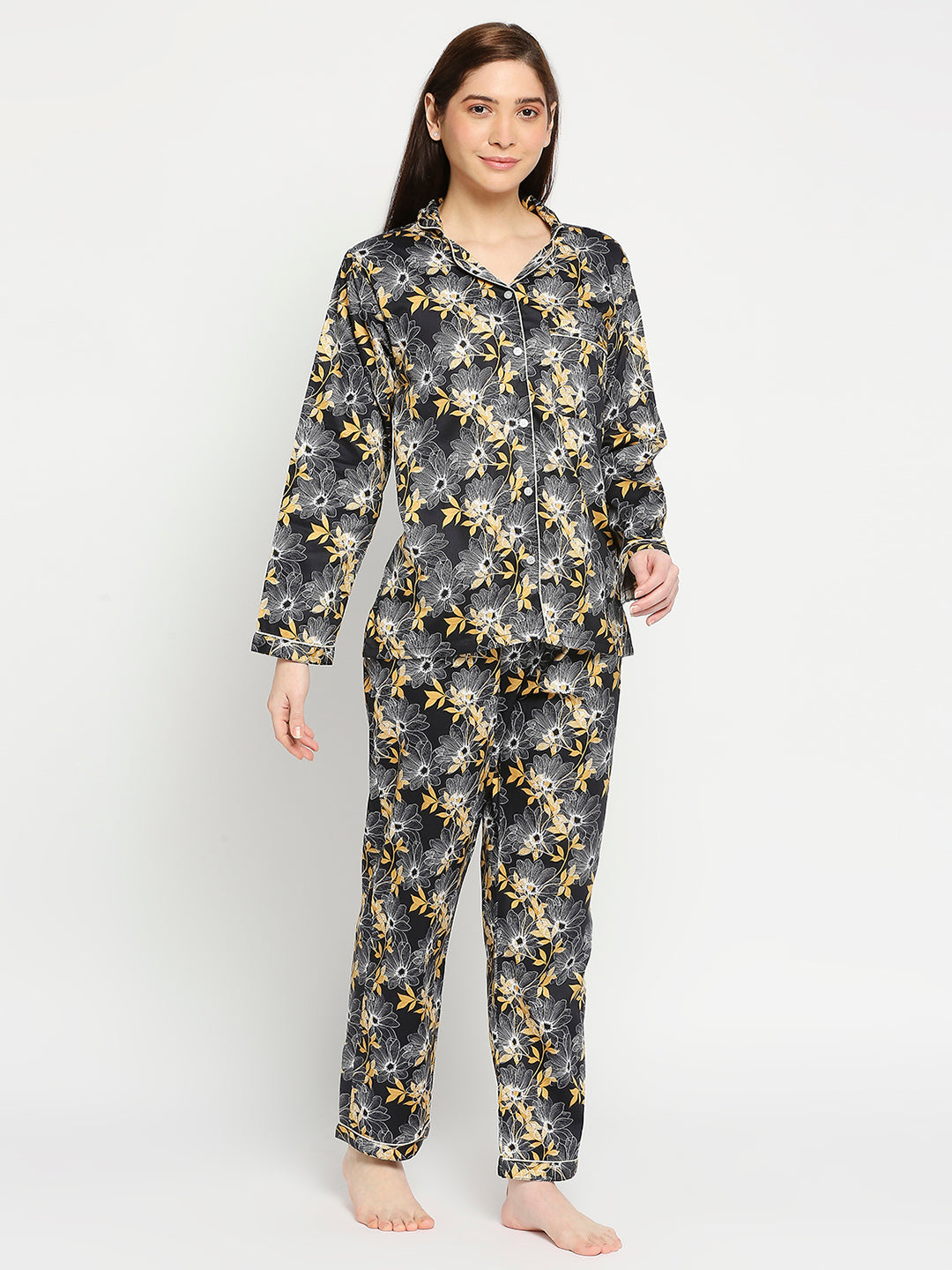 Black Beauty Button Down Pj Set - Pure Cotton Pj Set with Notched Collar