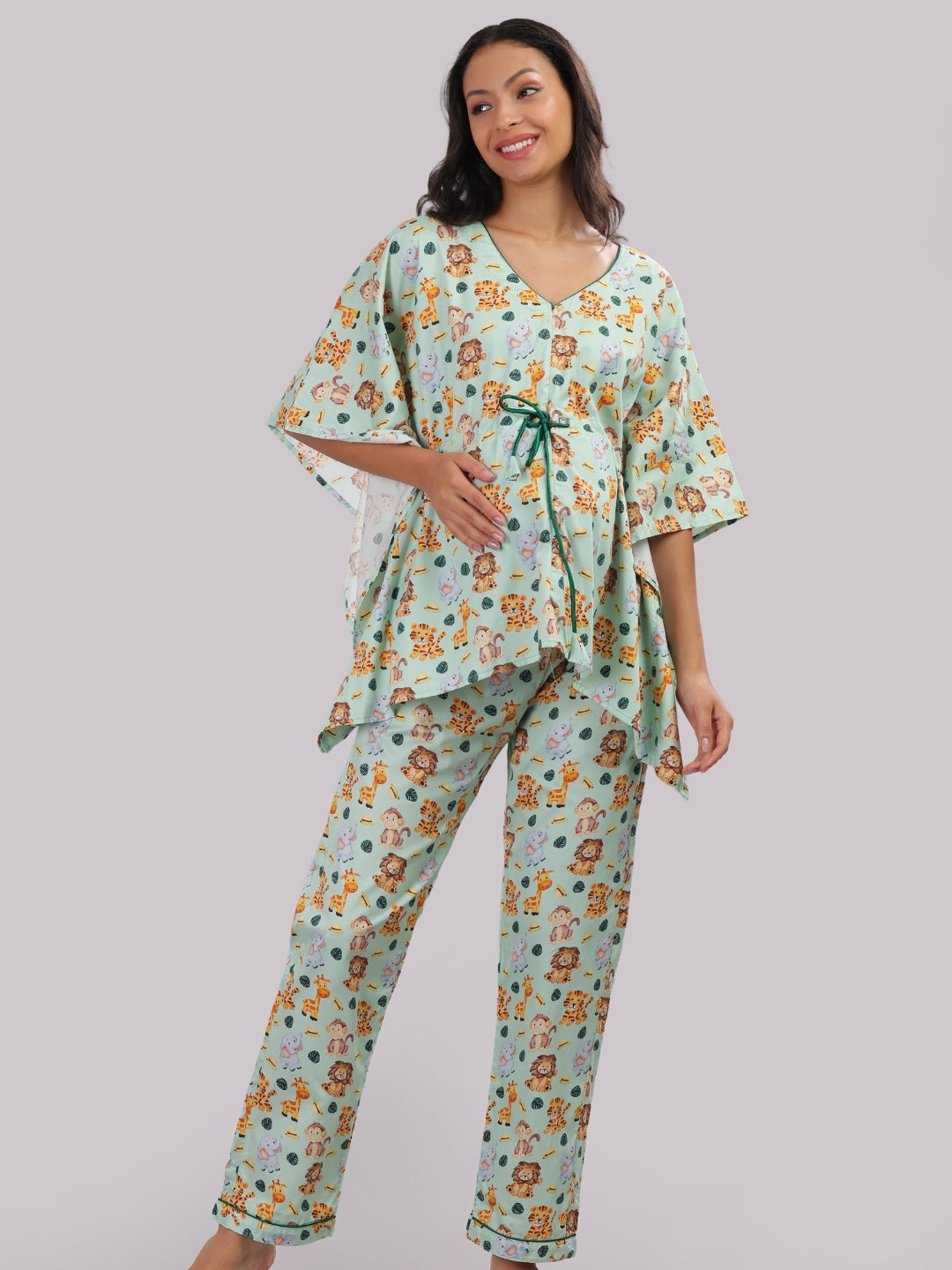 Into The Jungle Maternity Kaftan Pj Set - Pure Cotton Pj Set in Kaftan Style with Single Invisible Zip for Feeding