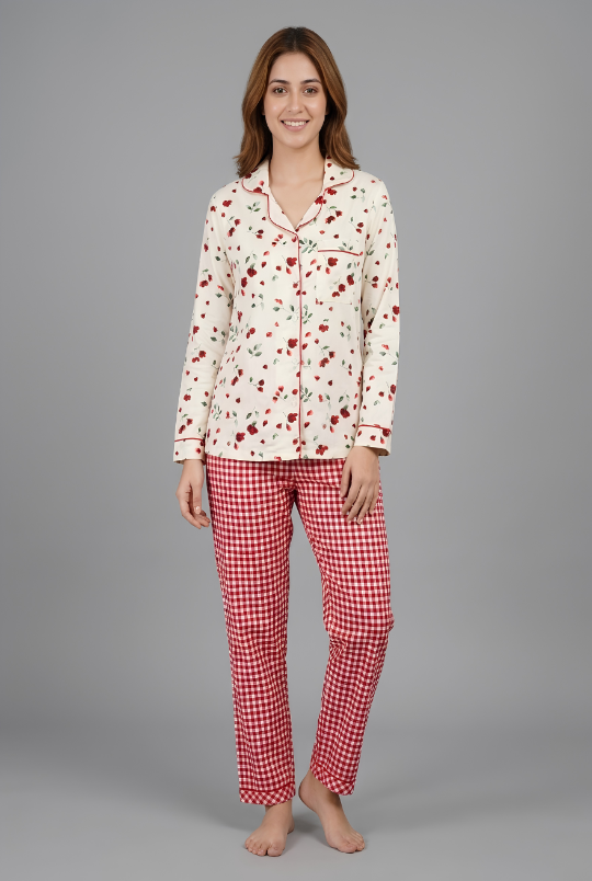 Petal Plaid Button Down Pj Set - Cotton Rayon Pj Set with Notched Collar