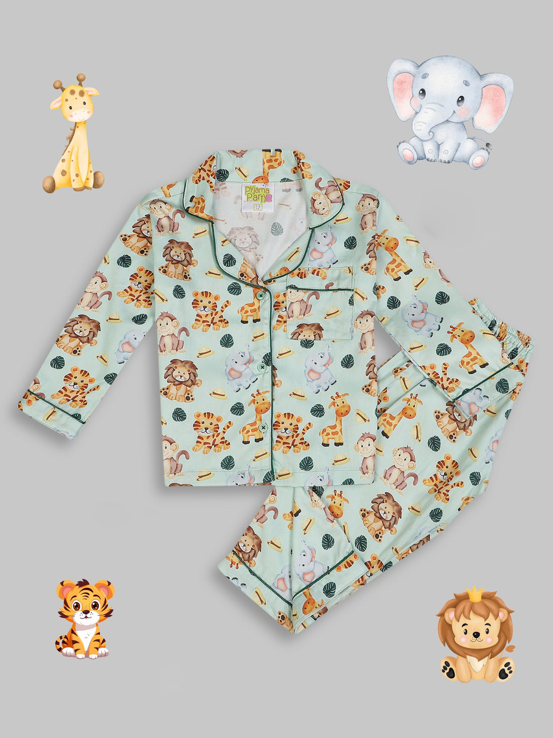 Into the Jungle Kids Button Down Pj Set - Pure Cotton Pj Set with Notched Collar