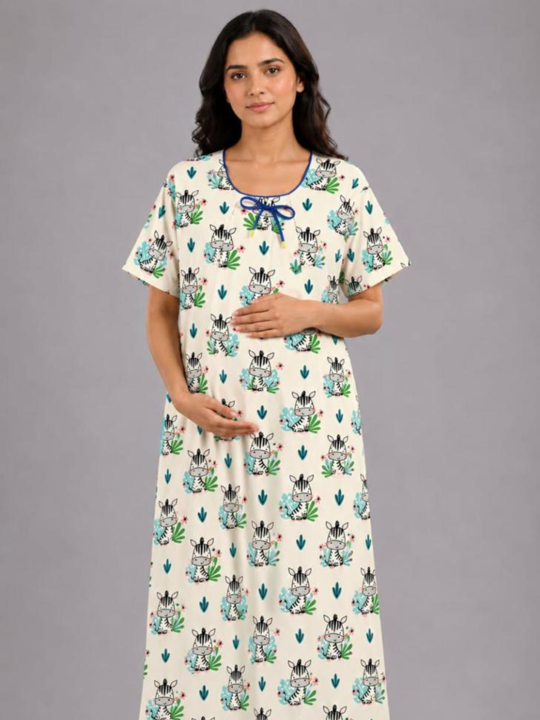 Baby Zee Maternity Gown - Pure Cotton Round Neck Gown with 2 Invisible Zips for Feeding