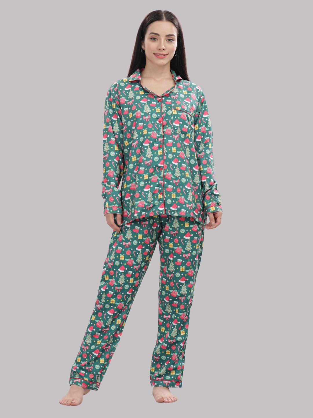 Merry Christmas Button Down Pj Set - Cotton Rayon Pj Set with Notched Collar