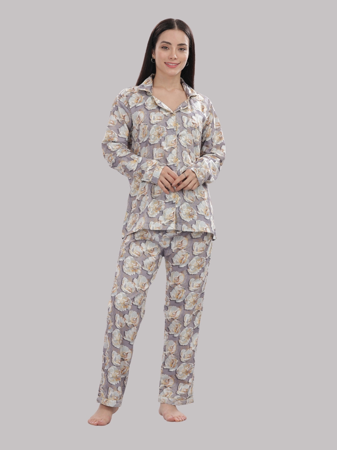 Grey Gardenia Button Down Pj Set - Pure Cotton Pj Set with Notched Collar