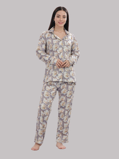 Grey Gardenia Button Down Pj Set - Pure Cotton Pj Set with Notched Collar