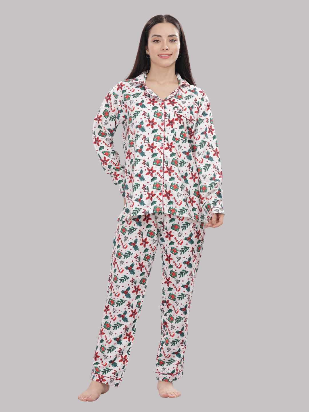 Under The Mistletoe Button Down Pj Set - Cotton Rayon Pj Set with Notched Collar
