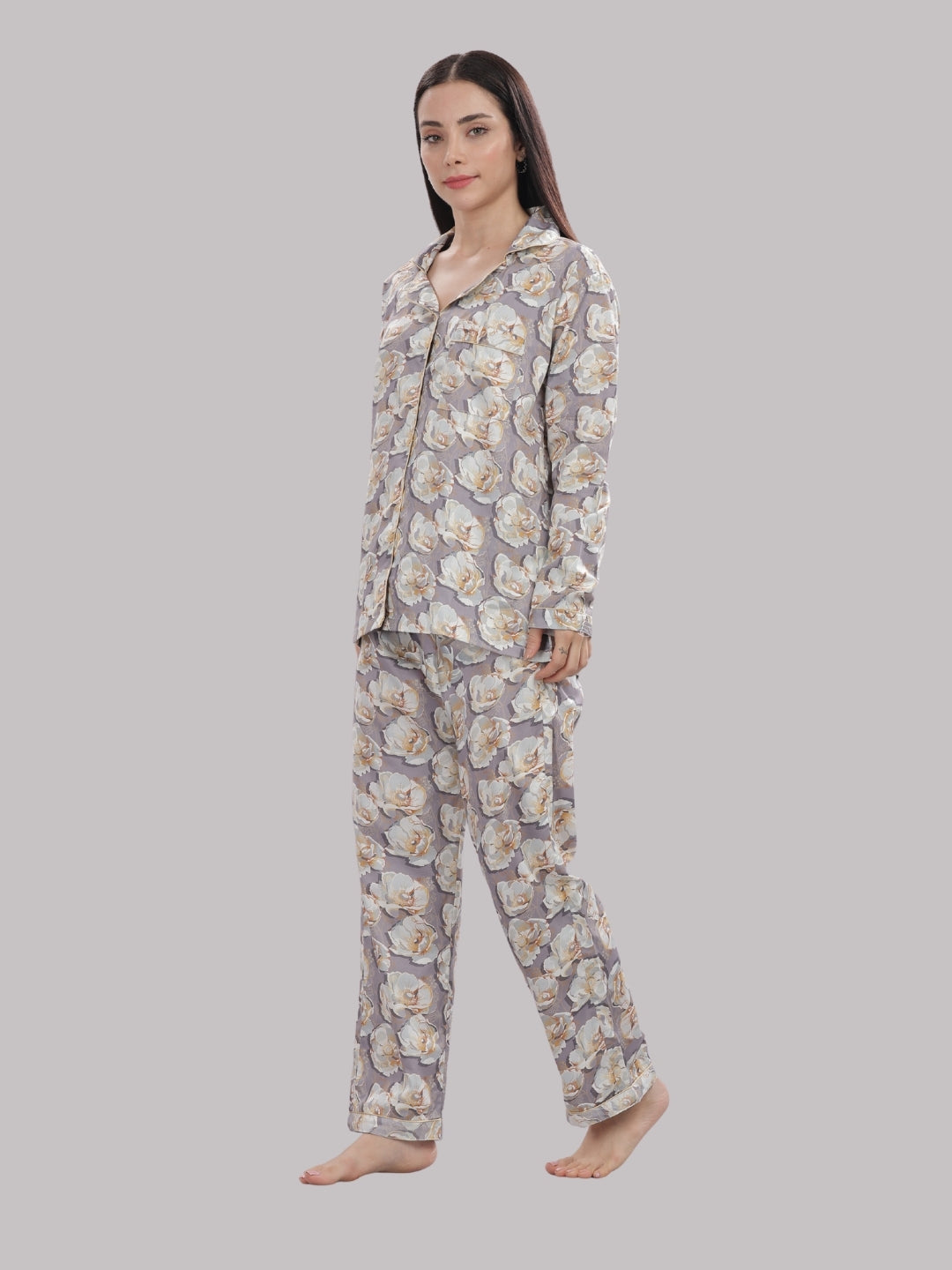 Grey Gardenia Button Down Pj Set - Pure Cotton Pj Set with Notched Collar