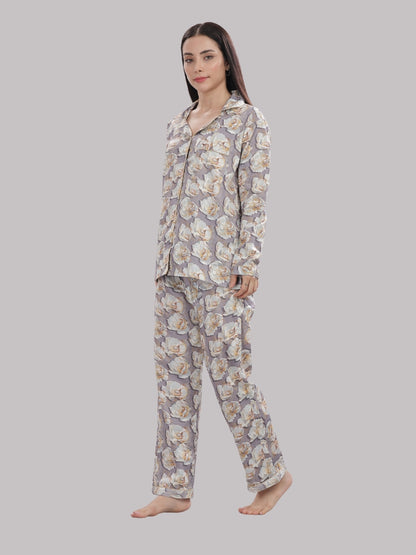 Grey Gardenia Button Down Pj Set - Pure Cotton Pj Set with Notched Collar