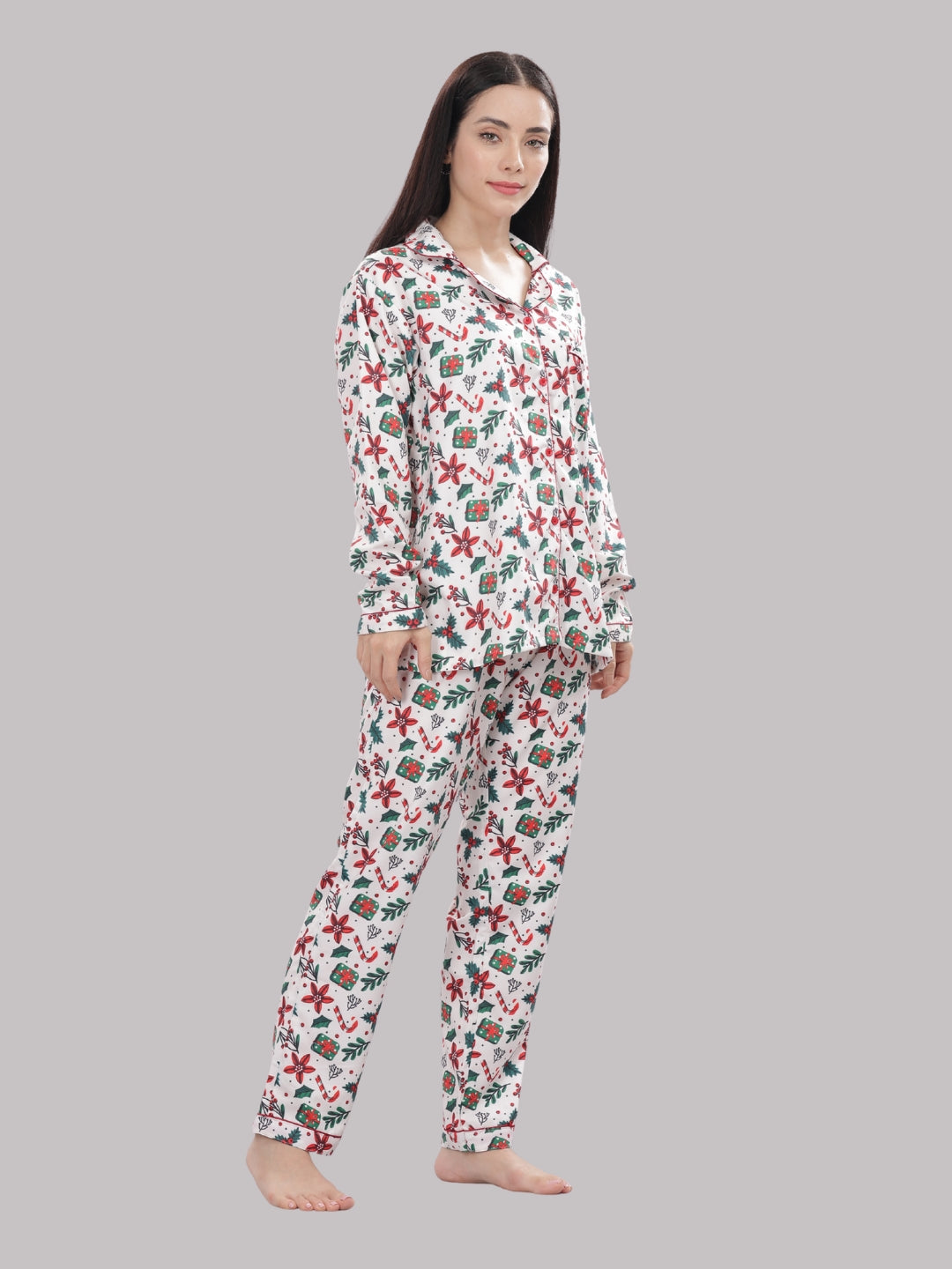 Under The Mistletoe Button Down Pj Set - Cotton Rayon Pj Set with Notched Collar