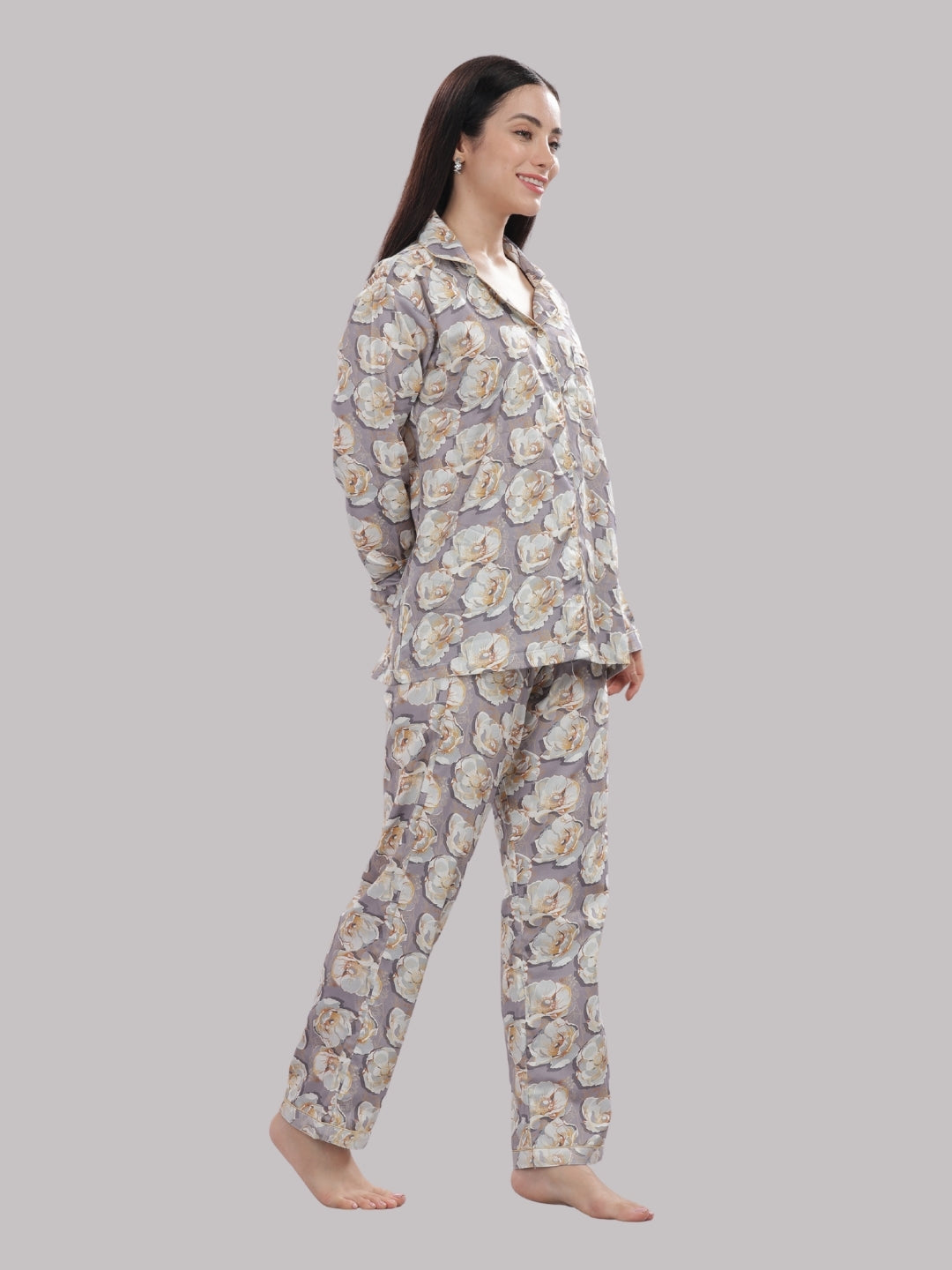 Grey Gardenia Button Down Pj Set - Pure Cotton Pj Set with Notched Collar
