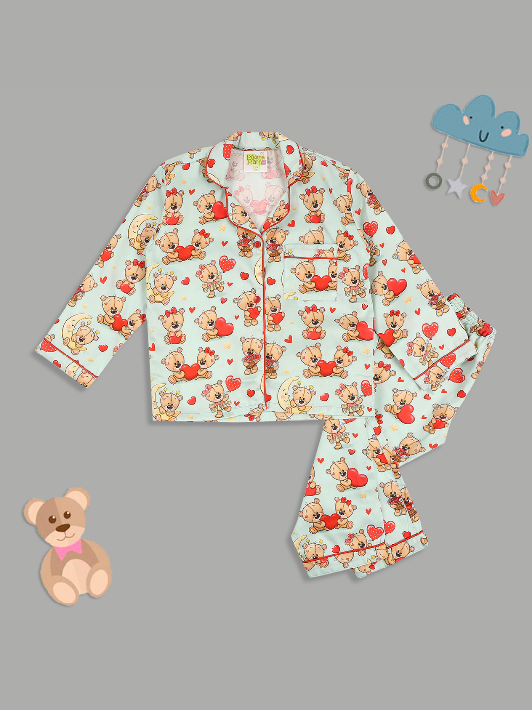 Loving Teddy Kids Button Down Pj Set - Pure Cotton Pj Set with Notched Collar