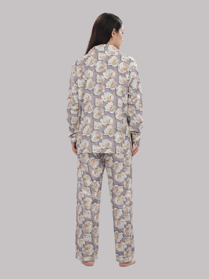 Grey Gardenia Button Down Pj Set - Pure Cotton Pj Set with Notched Collar