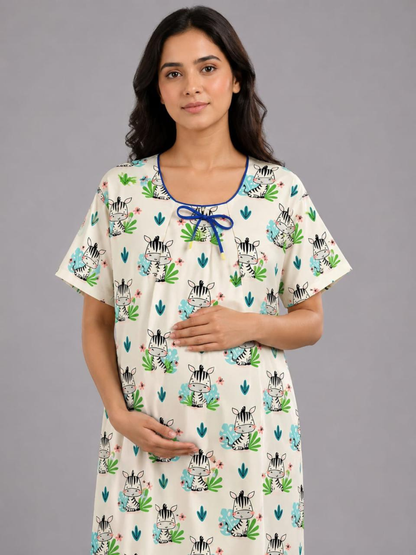 Baby Zee Maternity Gown - Pure Cotton Round Neck Gown with 2 Invisible Zips for Feeding