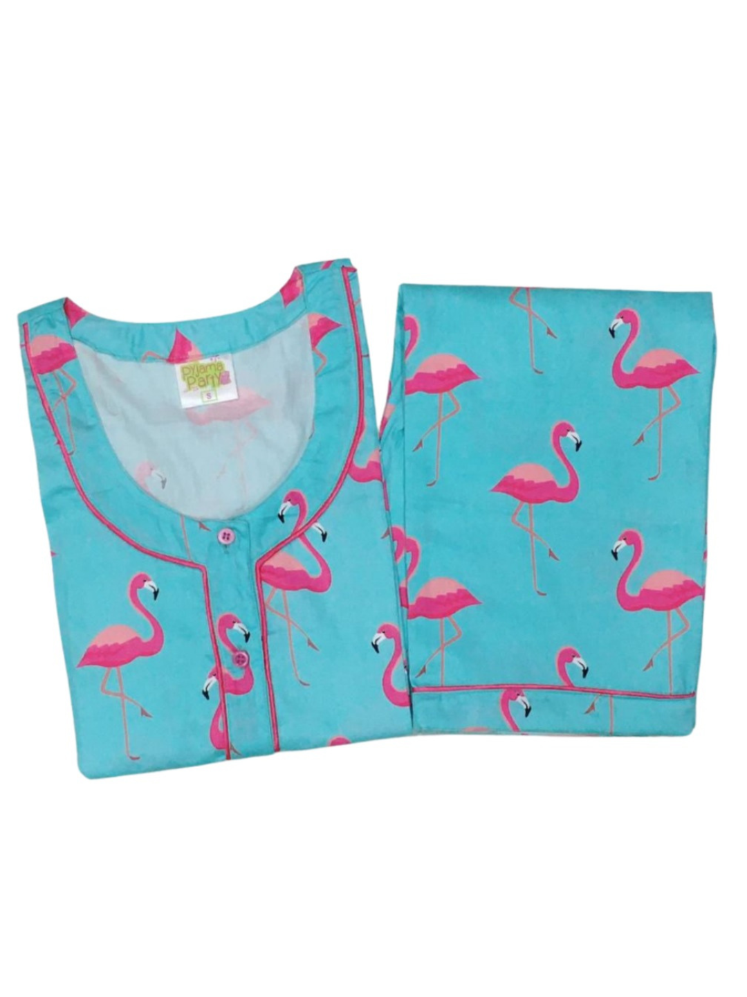 Pink Flamingo Henley Neck Pj Set - Pure Cotton Pj Set in Round Neckline Style