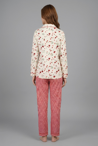 Petal Plaid Button Down Pj Set - Cotton Rayon Pj Set with Notched Collar