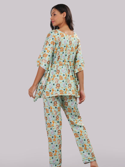 Into The Jungle Maternity Kaftan Pj Set - Pure Cotton Pj Set in Kaftan Style with Single Invisible Zip for Feeding