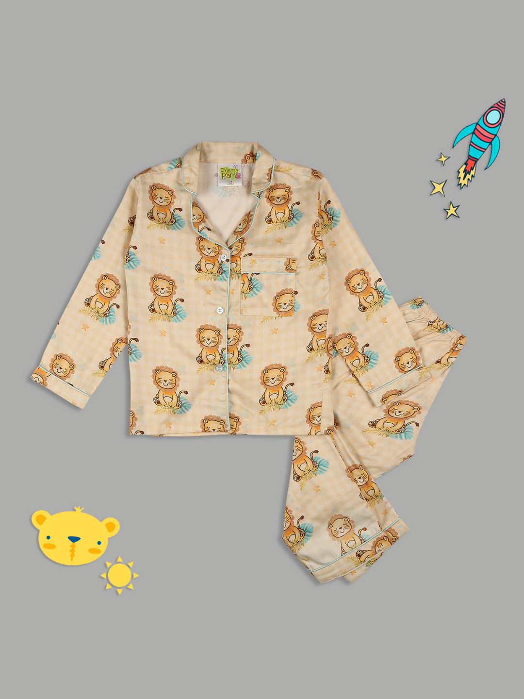 Little Lion Kids Button Down Pj Set - Pure Cotton Pj Set with Notched Collar