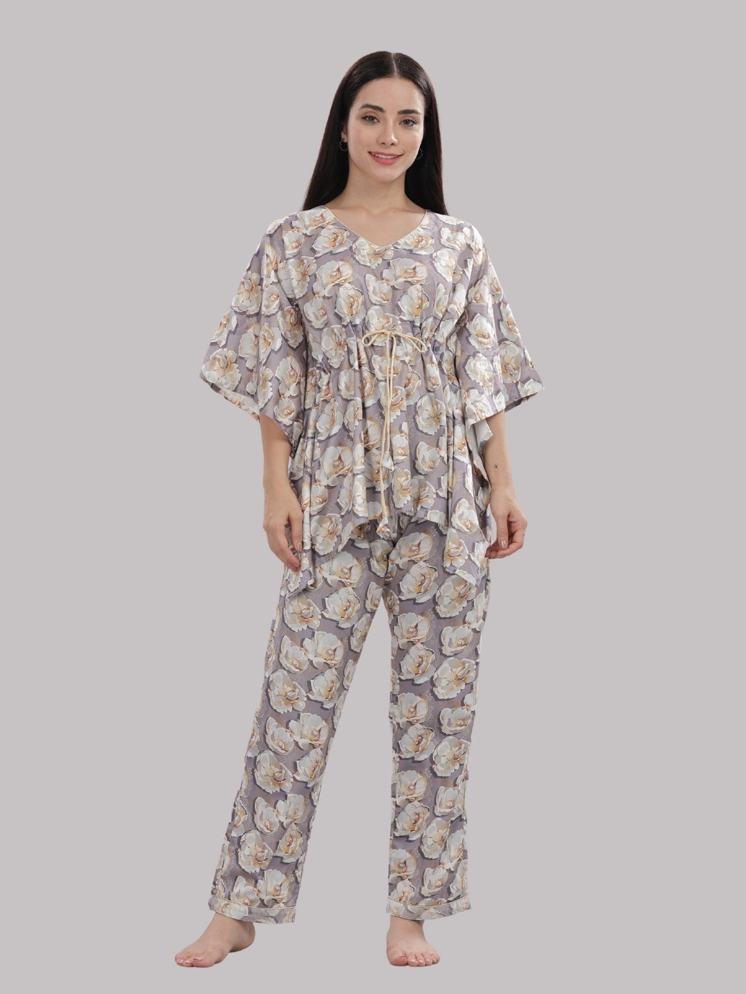 Grey Gardenia Kaftan Pj Set - Pure Cotton Pj Set in Kaftan Style